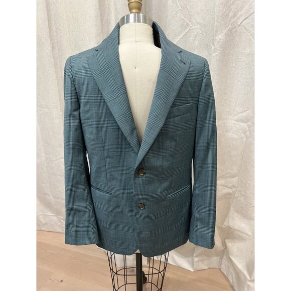 INDOCHINO Yaletown Wool Plaid Blazer Sz 42R Dusty Teal/Grey